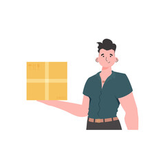 The man is depicted waist-deep and holding a parcel in his hands. Delivery concept.    .