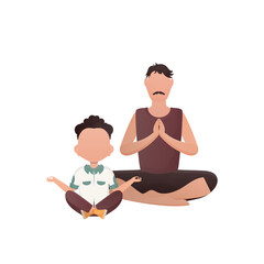 Obraz na płótnie Canvas A man with a cute little boy is sitting meditating in the lotus position. Cartoon style.