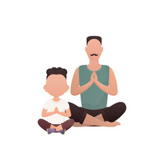 Obraz na płótnie Canvas Strong man and little boy are sitting meditating. Cartoon style.