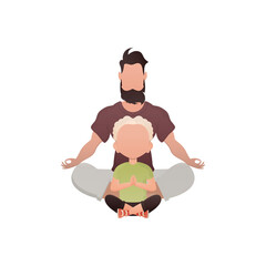Dad and little son are sitting doing meditation.   Cartoon style.