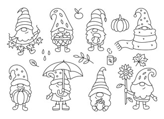 Autumn gnomes set. Ideal for coloring books, stamps, invitations and others. Doodle style. Outline vector illustration.