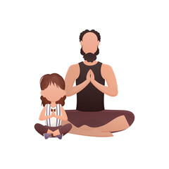 A man with a cute little girl are sitting meditating in the lotus position.   Cartoon style.