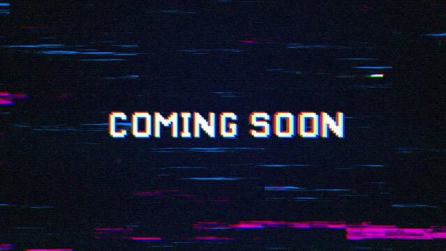 COMING SOON text with glitch background concept for video games screen. COMING SOON Retro text effects with glitch background