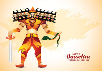 Happy dussehra celebration angry ravan with ten heads and bow card design