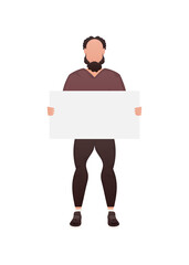 A guy with a strong physique holds an empty space for advertising in his hands.   Cartoon style.