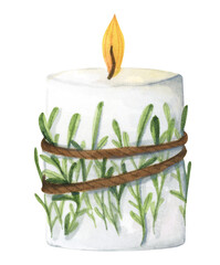 Lighting Christmas candle. Watercolor illustration.