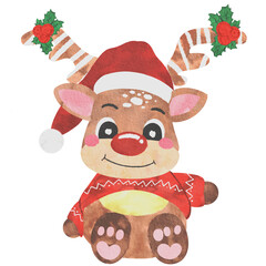 reindeer wearing hat of Santa in Christmas  in watercolor painting paper style