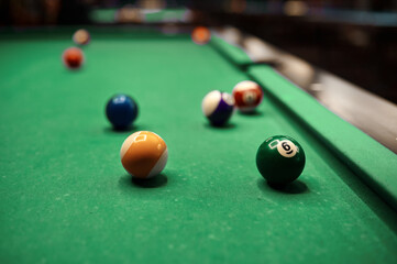 Billiard balls on pool table selective focus