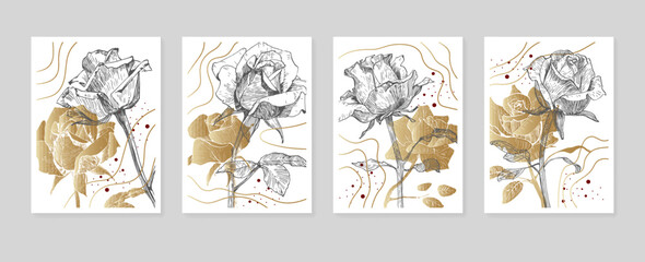 Set of Abstract Roses Hand Painted Illustrations for Wall Decoration, minimalist flower in sketch style. Postcard, Social Media Banner, Brochure Cover Design Background. Modern Abstract Painting.