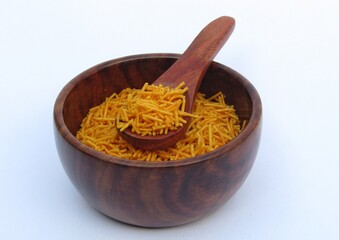 India snacks food Aloo bhujia in a bowl on white background