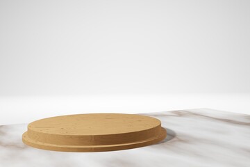 3D rendering illustration. Minimal abstract scene with geometric patterns. wooden base on a white background Product presentation, mockup, cosmetic display, podium, podium or podium.