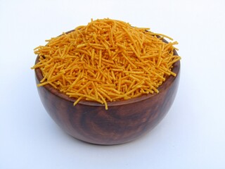 India snacks food Aloo bhujia in a bowl on white background