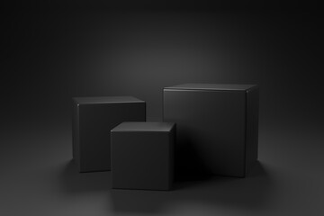 Modern Platform stand podium display on dark room background 
for empty product shelf or exhibition stage backdrop 3D rendering.