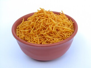 India snacks food Aloo bhujia in a bowl on white background