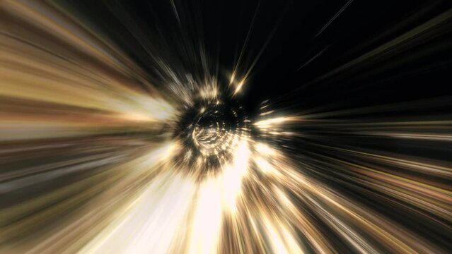 Hyperspace light speed space flight through bright flicker gold star space time wormhole vortex tunnel. 4K 3D Loop colorful Sci-Fi interstellar space travel background concept. Abstract Science Fictio