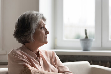 Concerned anxious senior 60s woman looking away, sitting on couch at home, thinking over problems,...