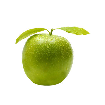 Green apple with leaves and water droplets isolated transparent background photo PNG file