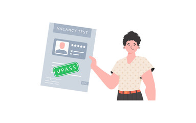 The guy holds in his hands the passed test for a vacancy. The concept of finding employees.   in a flat style.