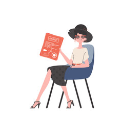 A woman sits in a chair and holds a contract in her hands.    .