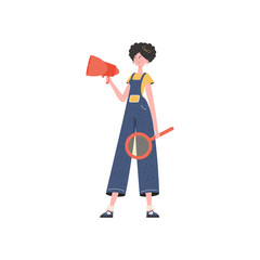 A woman stands in full growth with a magnifying glass.   Element for presentation.