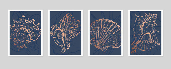 Set of Abstract Shells Hand Painted Illustrations for Wall Decoration, minimalist shell in sketch style. Postcard, Social Media Banner, Brochure Cover Design Background. Modern Abstract Painting.