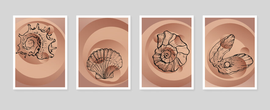 Set of Abstract Shells Hand Painted Illustrations for Wall Decoration, minimalist shell in sketch style. Postcard, Social Media Banner, Brochure Cover Design Background. Modern Abstract Painting.