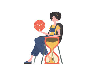 A woman sits in a chair next to an hourglass.   Element for presentation.