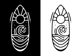 Big sun and wave inside surfing board Black and white line art mono line tattoo