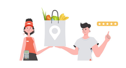 Woman courier holds a package with groceries. Delivery concept.   Cartoon style.