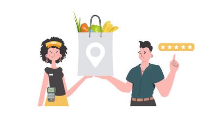 Woman courier holds a package with groceries. Home products. Food delivery.   Cartoon style.