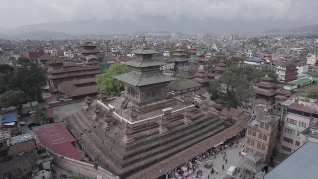 Nepal Kathmandu Durbar Square Taleju Bhawani Temple Aerial Shot Forward Fly Over Log - World Heritage Site