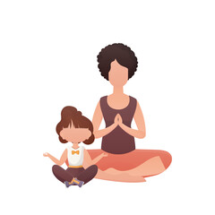 Mom and daughter yoga in the lotus position. Cartoon style.