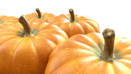 Multiple Big orange pumpkins front angle isolated on transparent png background. 3D Rendered illustration render