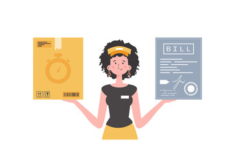 Naklejka premium A woman courier is holding a box and a check. Home delivery concept. Trendy flat style.