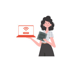 A woman holds a laptop and a processor chip in her hands. IOT and automation concept.   Trendy flat style.  .