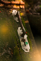 A key with a green crystal unlocks the old door to the magic room. Mystic background, Halloween concept