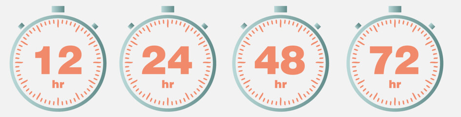 12, 24, 48 and 72 hours clock sign icon. service opening hours, work time or delivery service time symbol, vector illustration isolated on white background. . Vector illustration