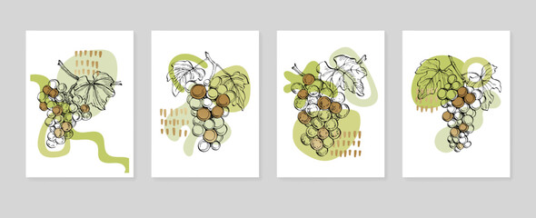 Set of Abstract grape Hand Painted Illustrations for Wall Decoration, minimalist shell in sketch style. Postcard, Social Media Banner, Brochure Cover Design Background. Modern Abstract Painting. - obrazy, fototapety, plakaty