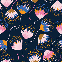 Dark blue with whimsical pink flowers with light blue and orange petals seamless pattern background design.