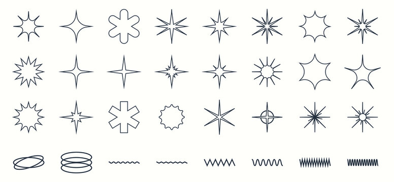 Vector set of abstract minimalistic geometric elements. Contemporary simple different zigzag shapes, curves, lines, triangles, symbol circles, logos, UI.
