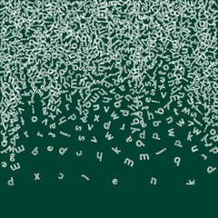 Falling letters of English language. Childish chalk flying words of Latin alphabet. Foreign languages study concept. Rare back to school banner on blackboard background.