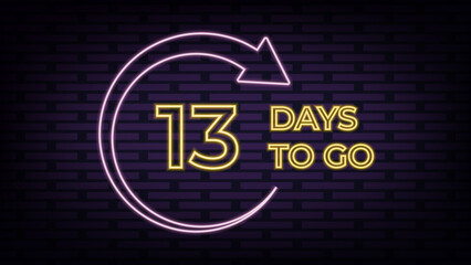 13 Days Left neon sign blue and yellow on black background. Days Left icon. Vector illustration