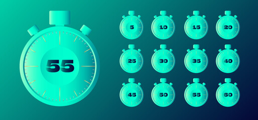 Minutes clock quick number icon. 1-5 min time circle icon. Vector illustration