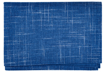 Blue cloth napkin isolated. Fiber towel or tablecloth. Cotton. Dishtowel. Kitchen. Serviette. Dishcloth. Textile. Striped kitchen towel. Top view. Zenith. Aerial view.