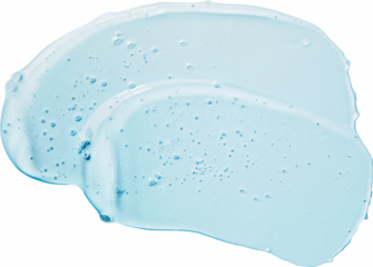 Liquid abstract cosmetic gel smears on blue background. Smear of transparent moisturizing product