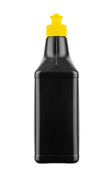 Black plastic bottle with detergent for washing dishes and things at home, isolated on white background.