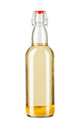 Bottle of moonshine or vodka infused with sea buckthorn isolated on white background. Alcoholic drink.