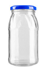 Empty glass jar for food preservation and storage isolated on white background.