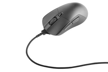 Black wired computer mouse isolated on white background. Сomputer peripherals.
