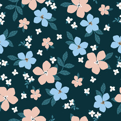 Simple vintage pattern. blue,pink and white flowers . green leaves . dark background. Fashionable print for textiles and wallpaper.